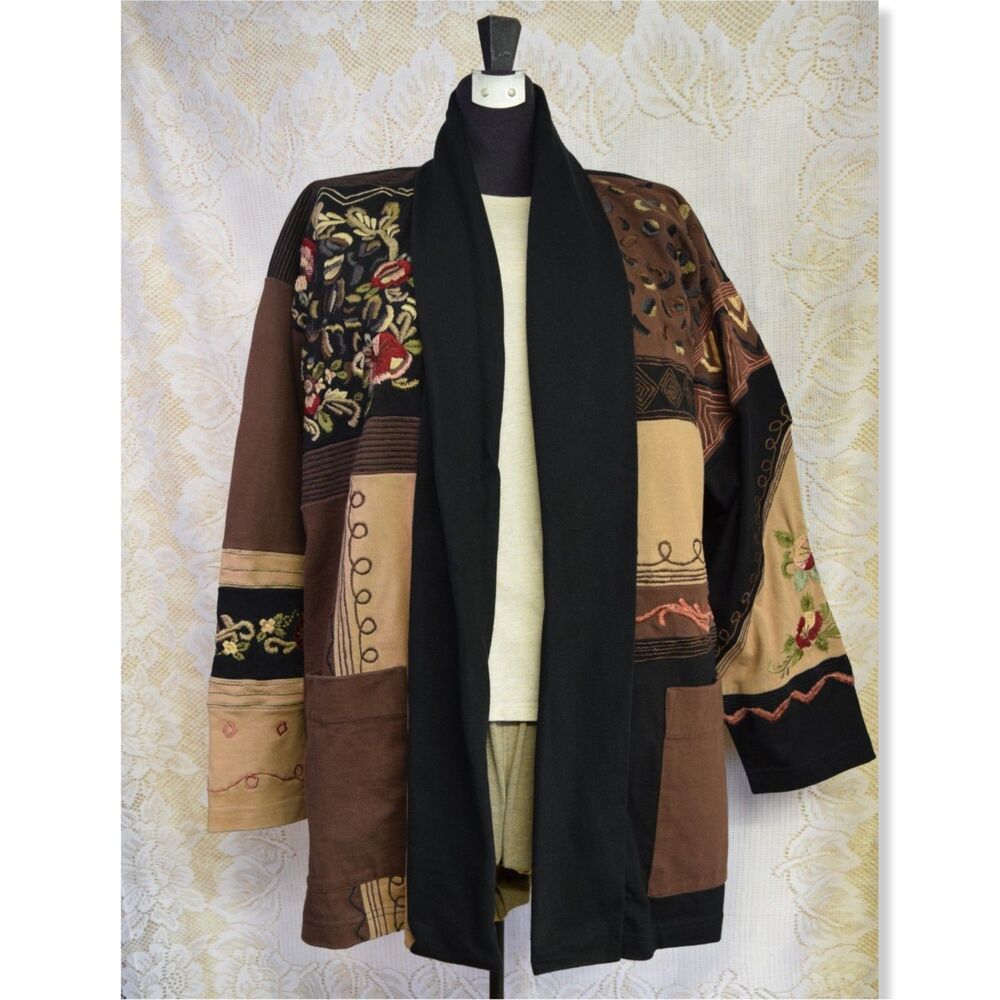 Vintage Together Patchwork Embroidered Womens Sz Large Cardigan Oversized Cotton